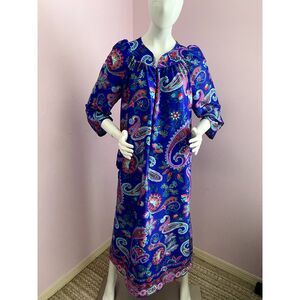 Vintage Granada House Coat Women M Paisley Zip Front Robe Blue Red
